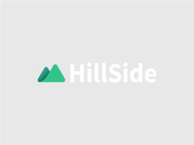 the hillside logo is shown on a gray background with green triangles in the middle