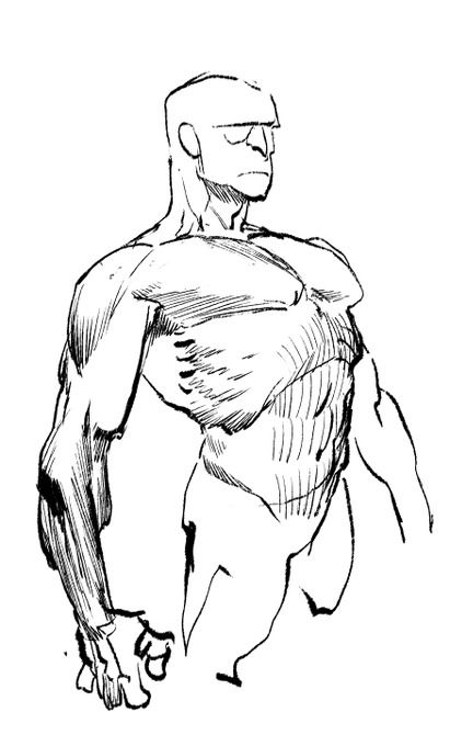 a black and white drawing of a man's back with his arm extended to the side