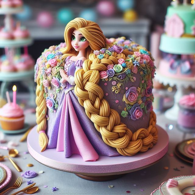 there is a cake that has been decorated with princesses hair and braids on it