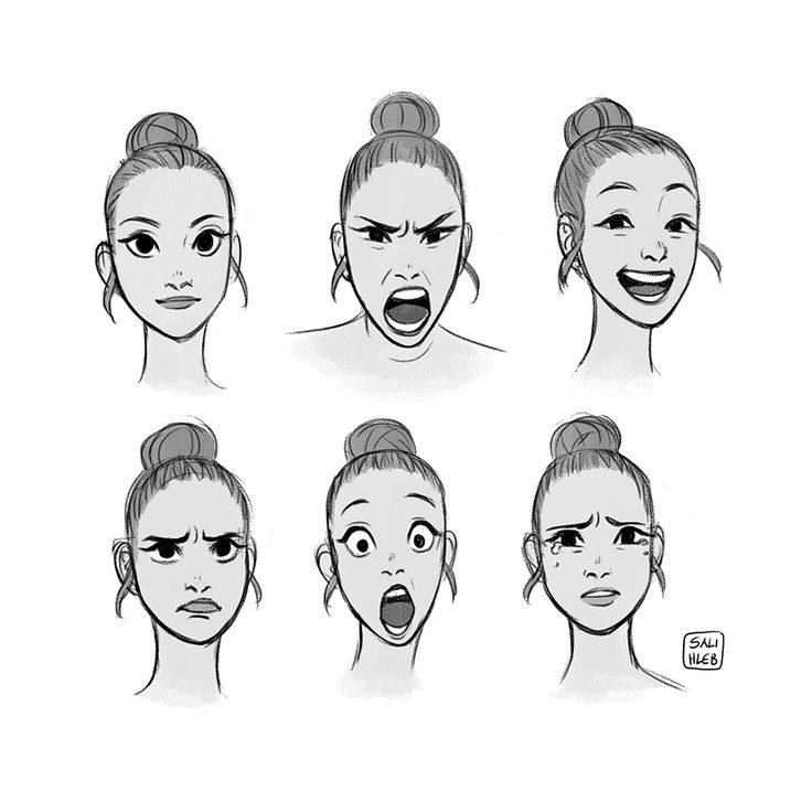 the stages of making facial expressions for an animated character's face, including eyes and mouth