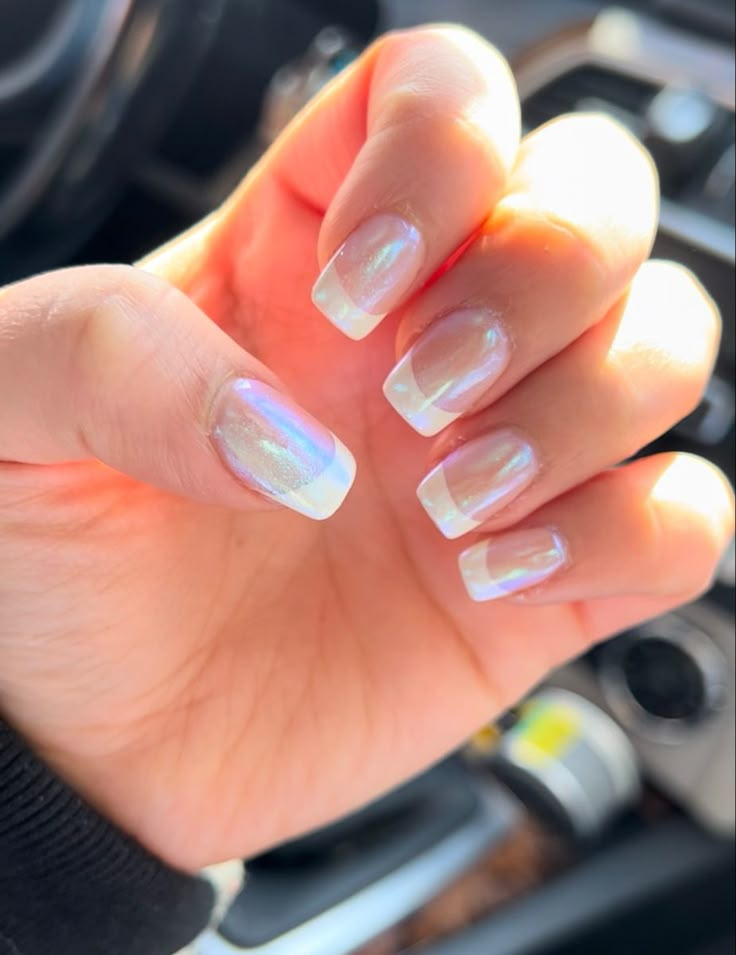 French Nails Iridescent, French Opal Nails, French Tip Opal Nails, French Iridescent Nails, Irradecent French Tip Nails, Irredescent French Tip Nails, Iridescent French Nails, Irridecent Design Nails Short, Irredescent Nails French Tip