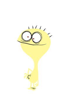 a yellow cartoon character with big eyes and an eyeball on his head, standing in front of a white background