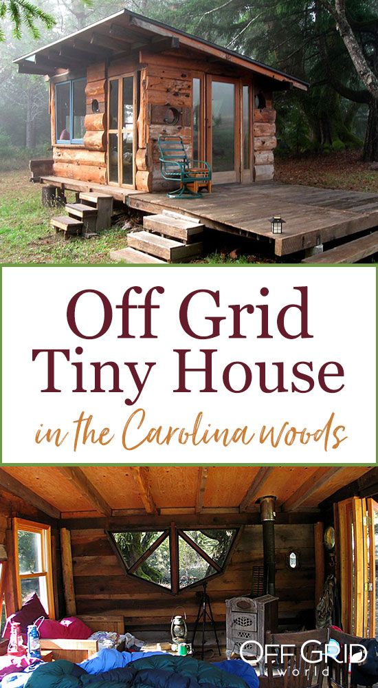 a small cabin with the words off grid tiny house in front of it and an image of