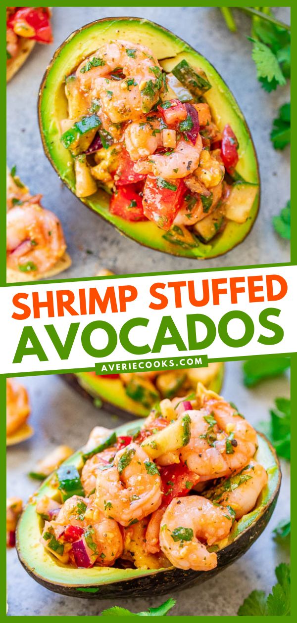 shrimp stuffed avocados in an avocado bowl with the title above it