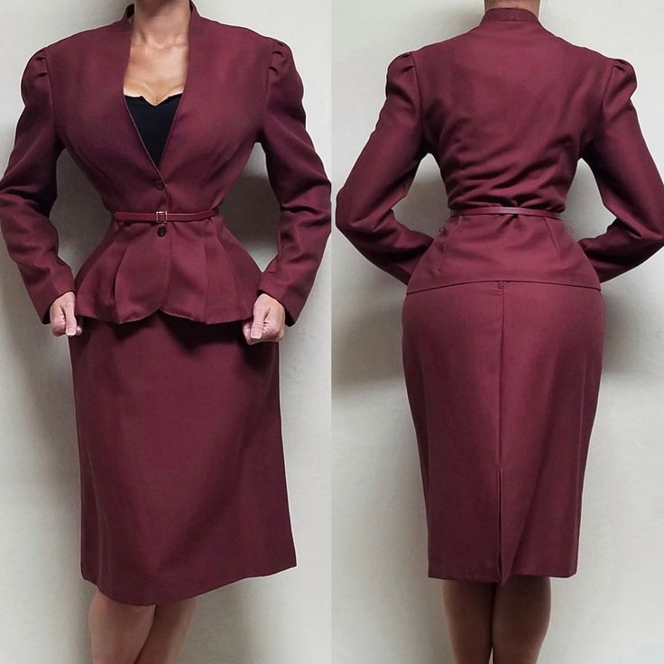 70s Vintage Union Made Ilgwu Burgundy Pleated Blazer Pencil Skirt Set, Suit. This Vintage 1970s Herringbone Burgundy Suit, Ilgwu Made, Features A Standing Collar, Puff Shoulders And Pleated Flared Hem Along With A Pencil Skirt To Give You That Full 70s 9 To 5 Look! - Herringbone Design In A Dark Burgundy Color, Feels Like A Wool And Polyester Blend - Unlined - Non-Stretchy - Blazer Jacket - Long Sleeves With Puff Shoulders - Standing Collar And V-Neck - Button Closure, Fitted Waist, Belted - Dee Pleated Blazer, Womens Skirt Suits, Burgundy Suit, Herringbone Design, Dark Burgundy, 9 To 5, Standing Collar, Union Made, Jacket Long