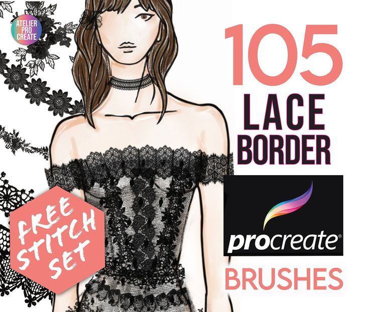 a drawing of a woman in a black dress with lace border on it and the words procreate brushes