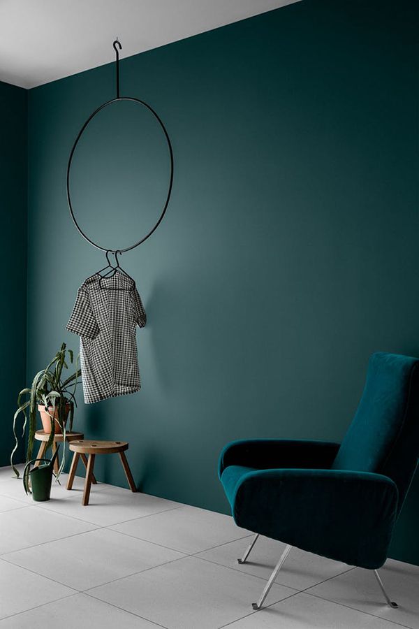 a room with a chair, potted plant and a coat rack on the wall