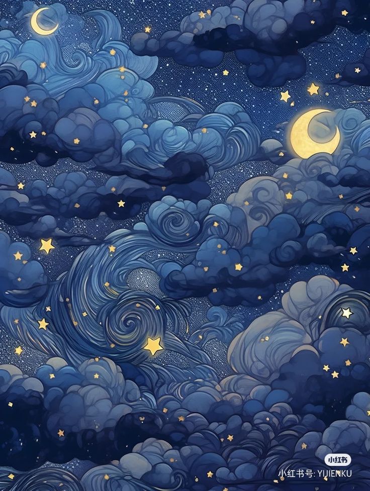 the night sky is full of stars and clouds, as if they were painted with acrylic paint