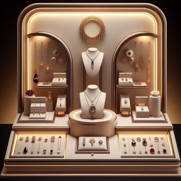 a display case filled with jewelry on top of a table