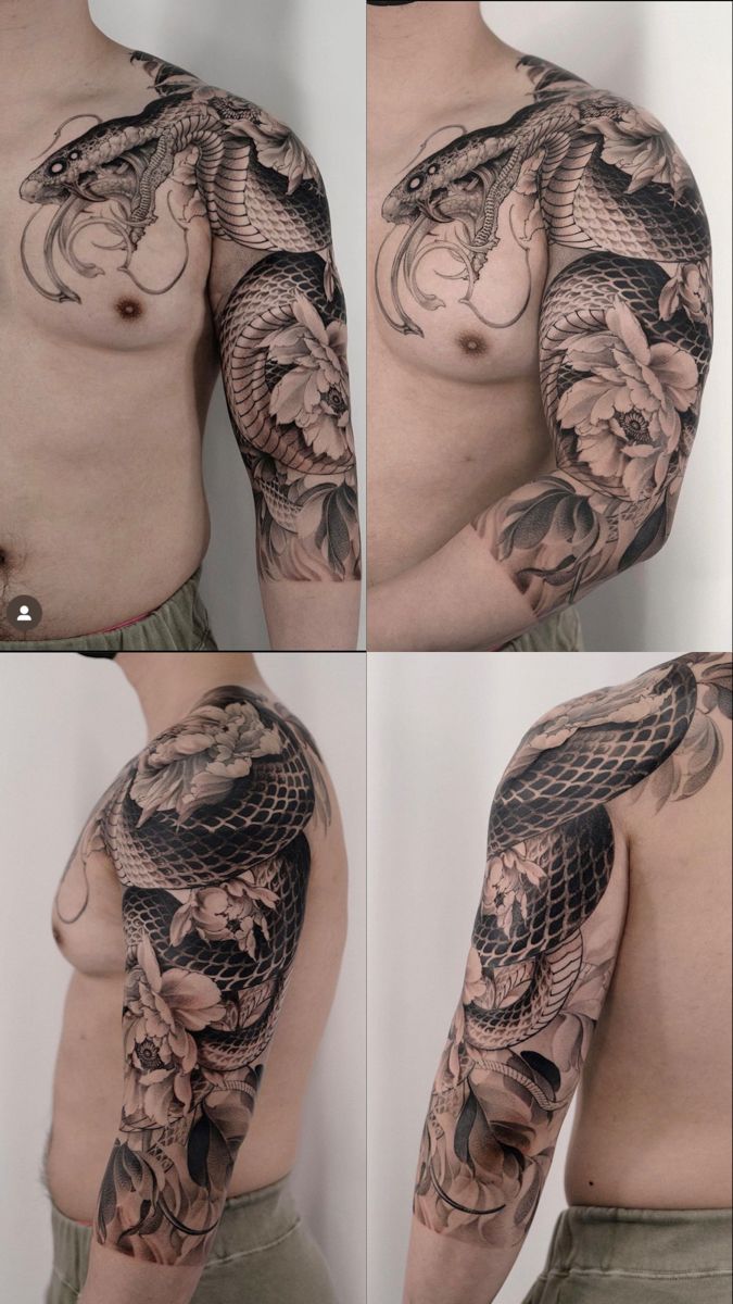 four different views of a man's chest and arm with dragon tattoos on it