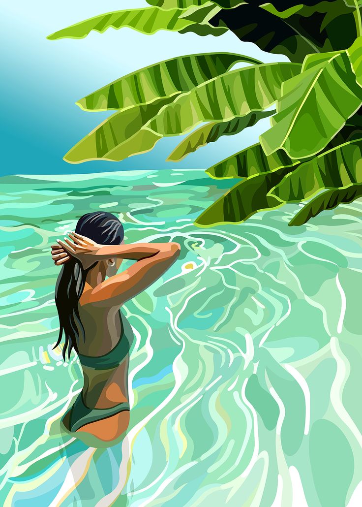 a woman in a green bathing suit standing in the water with her hands on her head