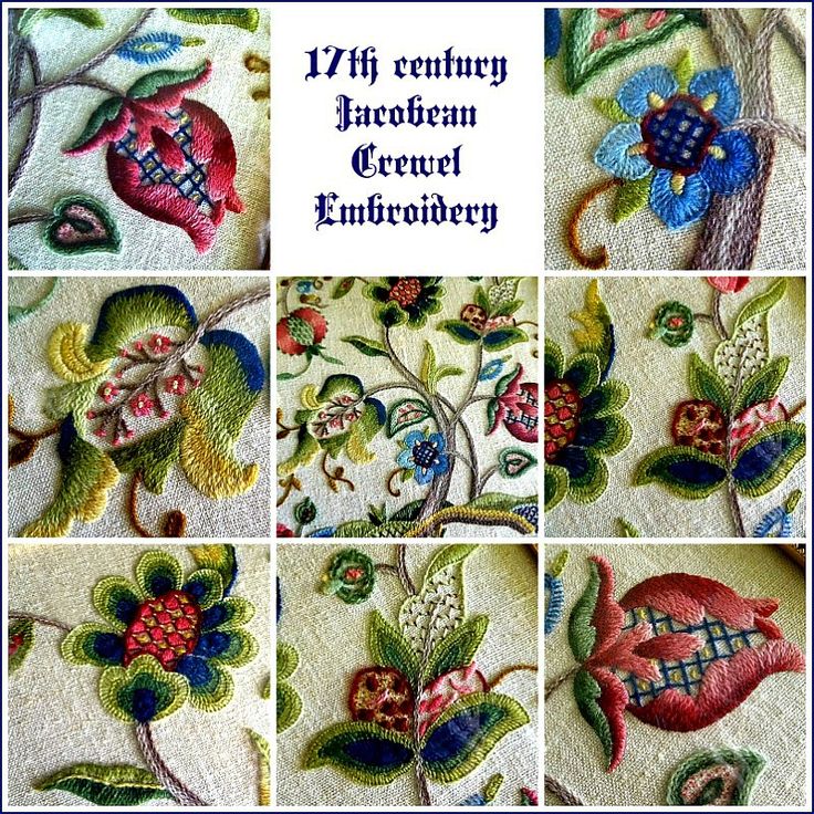 embroidered flowers and leaves are featured in this collage with the words, 17th century american embroidery