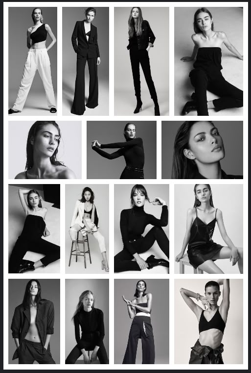 black and white photos of women in different outfits, from top to bottom one woman is posing for the camera