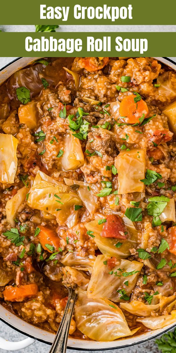 an easy crockpot cabbage roll soup recipe in a white bowl