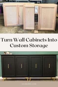 two pictures of cabinets with the words turn wall cabinets into custom storage in front of them