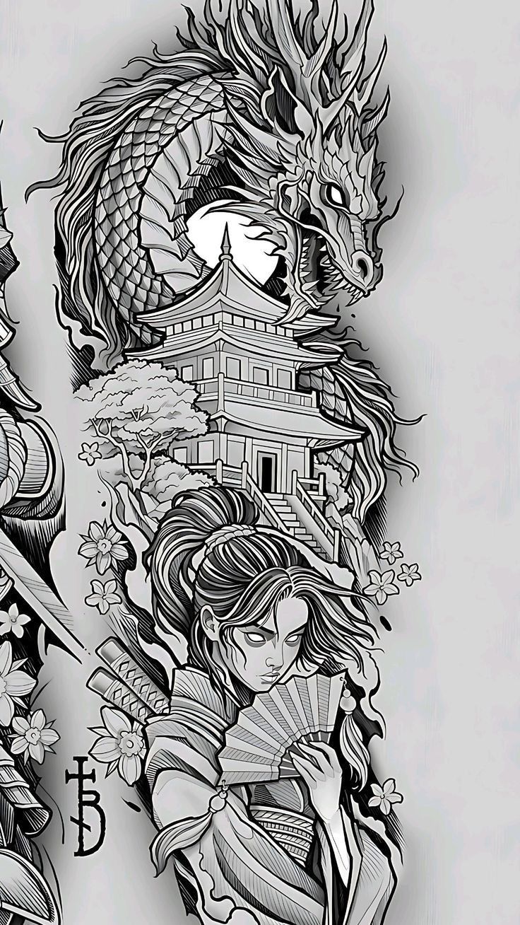 an artistic tattoo design with a dragon and woman holding a fan in front of a building