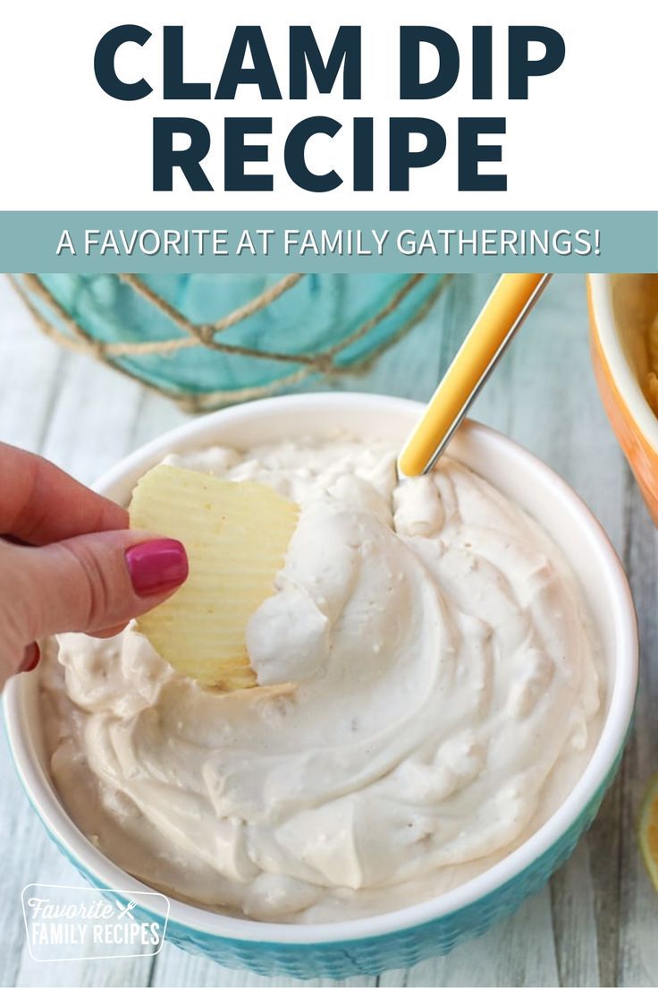 a hand dipping a piece of cheese into a bowl with the words clam dip recipe above it