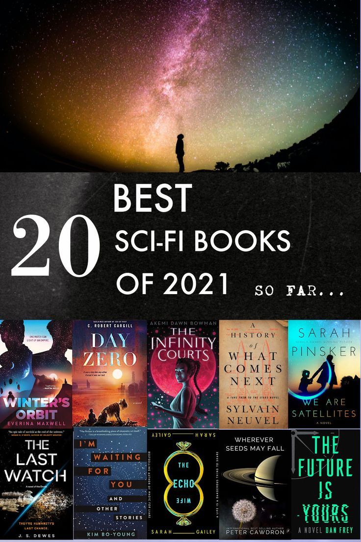 night sky with galaxy and black silhouette of a person. White text reading best sci fi books of 2021. 8 book covers of sci-fi books Best Sci Fi Books, Sci Fi Book, Sci Fi Wallpaper, Read List, Sci Fi Novels, Top Books To Read, Science Fiction Books, Sci Fi Books, Book List