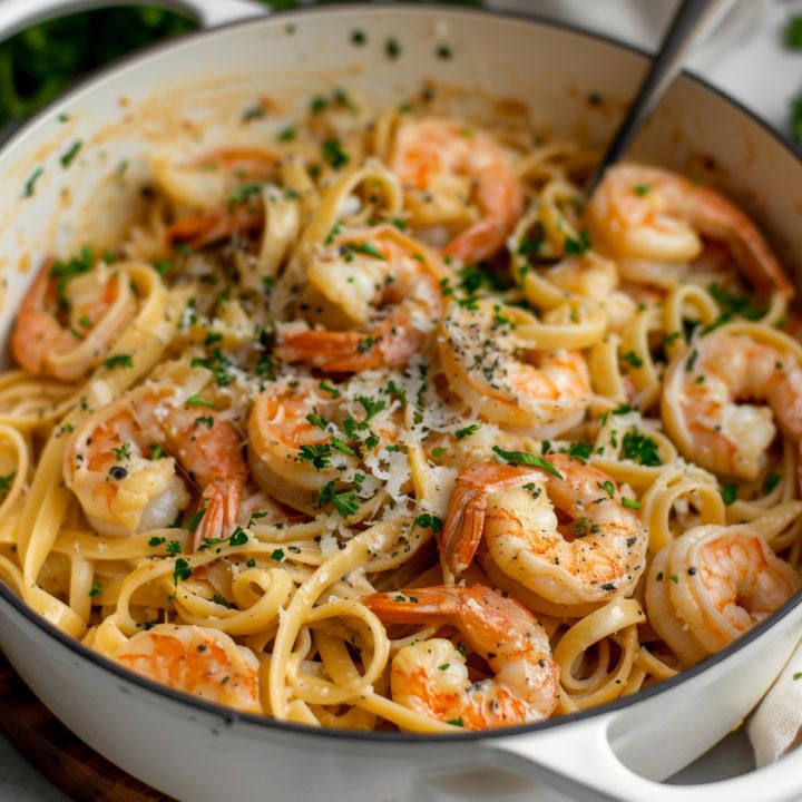 pasta with shrimp and parmesan cheese in a skillet