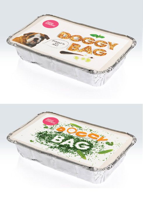 two views of an aluminum tray with dog food on the top and bottom, one in foil