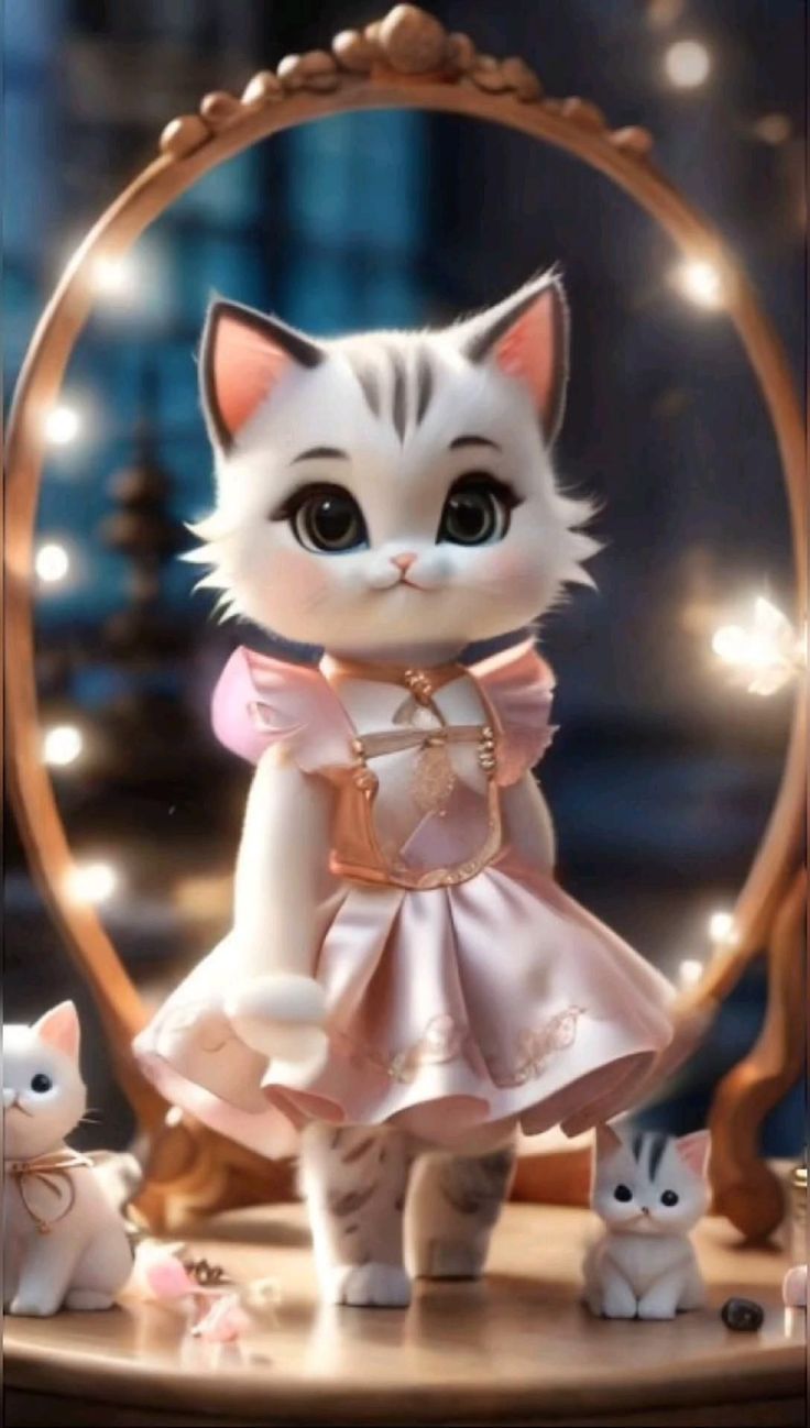 a white cat in a pink dress standing on a table next to small kittens