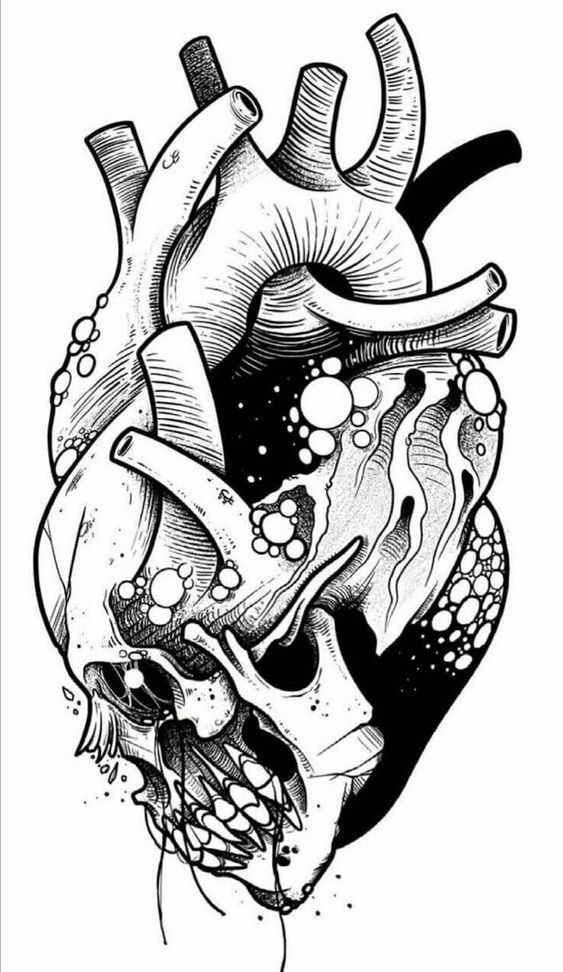 a black and white drawing of a human heart with an animal's skull inside