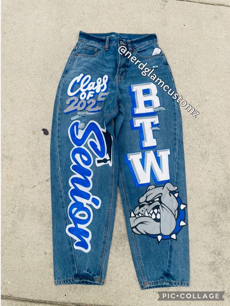 BUYER MUST PROVIDE THEIR OWN JEANS All artwork is hand painted. Design includes a total of 5 images on both pants legs.  Once payment is received, you will receive shipping address. Please allow 6 weeks for completion, starting from the date your jeans have been marked delivered. If you need it sooner, please message us to confirm availability. Rush fee $100 Hoco Jeans Painted, Homecoming Jeans, Senior Painted Jeans, Senior Pants, Senior Jeans, Jeans Unique, School Pants, Homecoming Mums Diy, Class Of 2025