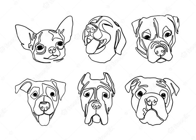 four different types of dogs'faces drawn in black and white on a white background