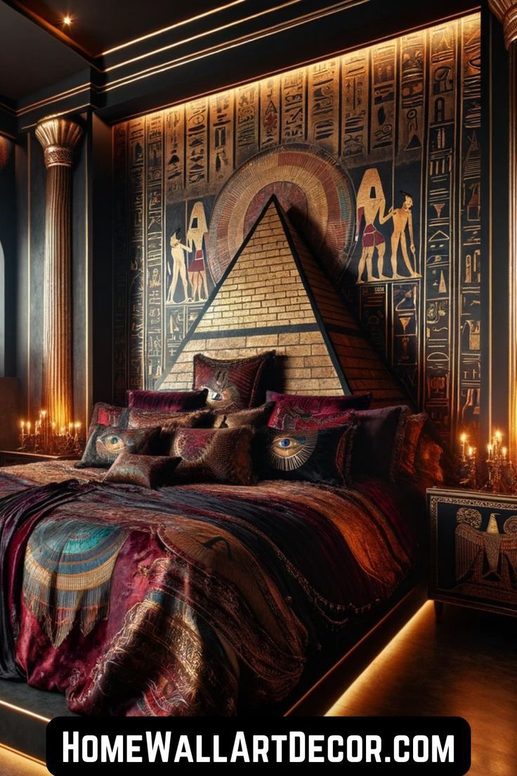 an egyptian themed bedroom with pyramid bedding and candles on the nightstands in front of it