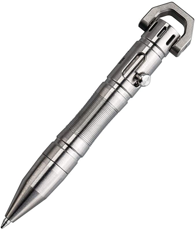 a metal pen with a clip on it