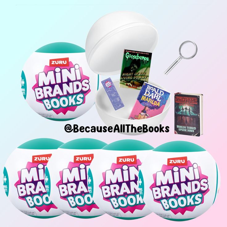 four books and a white ball on a pink background with the words mini brands below it