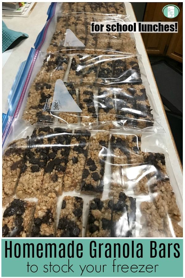 homemade granola bars are packed and ready to be packaged for school lunches with text overlay that reads homemade granola bars to stock your freezer