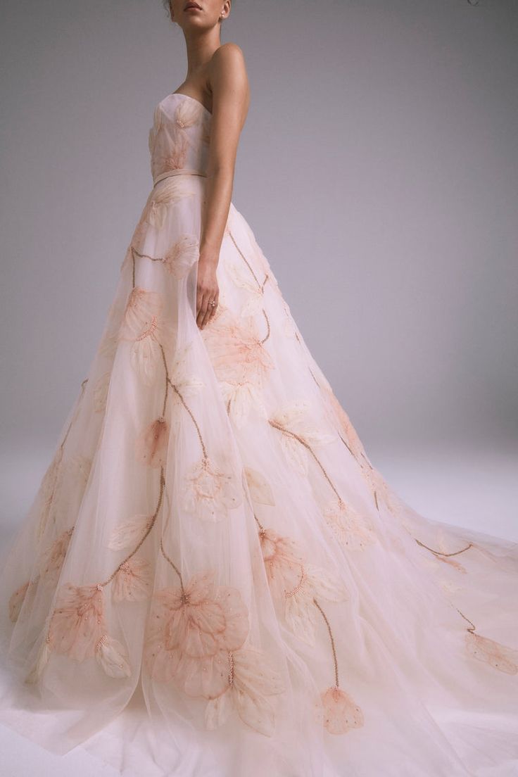 Strapless Wedding Dress With Floral Embroidery, Strapless Floral Embroidered Wedding Dress, Spring Wedding Strapless Organza Dress, Floral Organza Ball Gown For Prom, Strapless Tulle Evening Dress For Wedding, Strapless Organza Wedding Gown, Strapless Organza Ball Gown For Debutante Ball, Strapless Tulle Dress For Wedding, Tulle Strapless Dress For Wedding