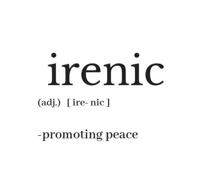 the word irenic is written in black and white