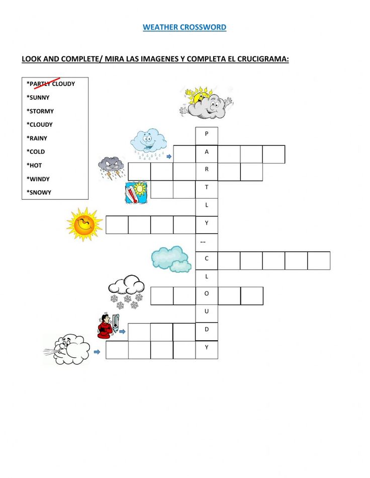 the weather crossword is shown with clouds, sun and clouds on it's side