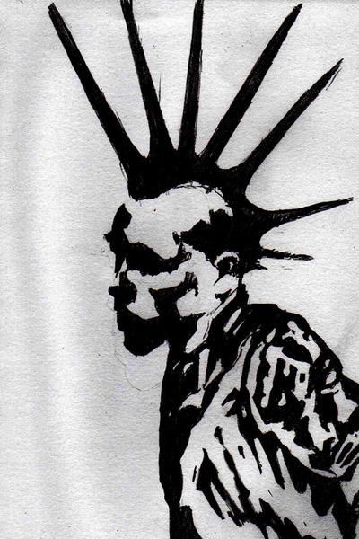 a black and white drawing of a statue of liberty with spikes on it's head