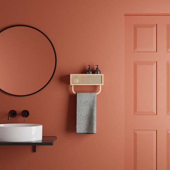 a bathroom with a sink, mirror and towel rack