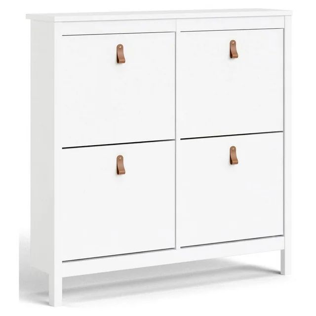 a white cabinet with two brown handles