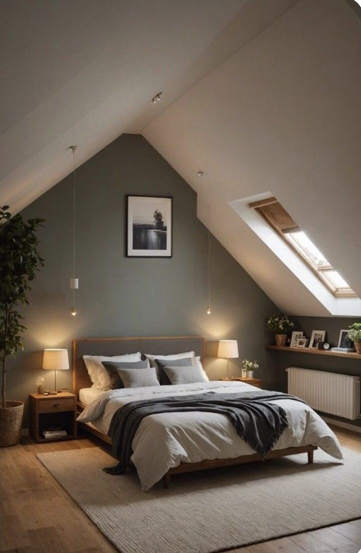 a bed sitting under a window in a bedroom next to a lamp on a table