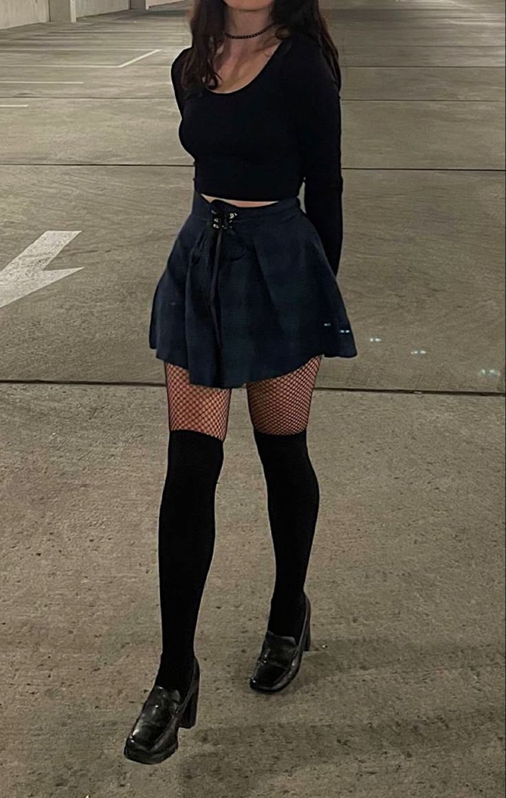 Outfits With Thigh High Tights, Styling Knee High Socks, Outfit With Knee High Socks, Skirt With Long Socks, Knee Length Socks Outfit, Thick Thigh Outfits Skirt, Knee High Tights Outfit, How To Style Thigh High Socks, Alt Date Outfit