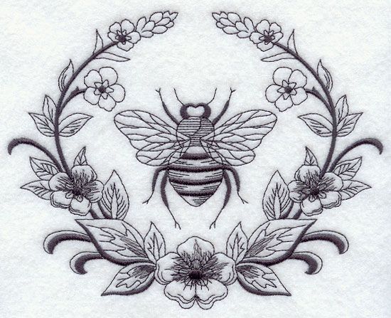 a drawing of a bee with flowers and leaves in the center on a white background