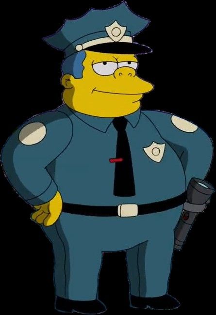 the simpsons police man is dressed in blue and has his hands on his hips as he stands