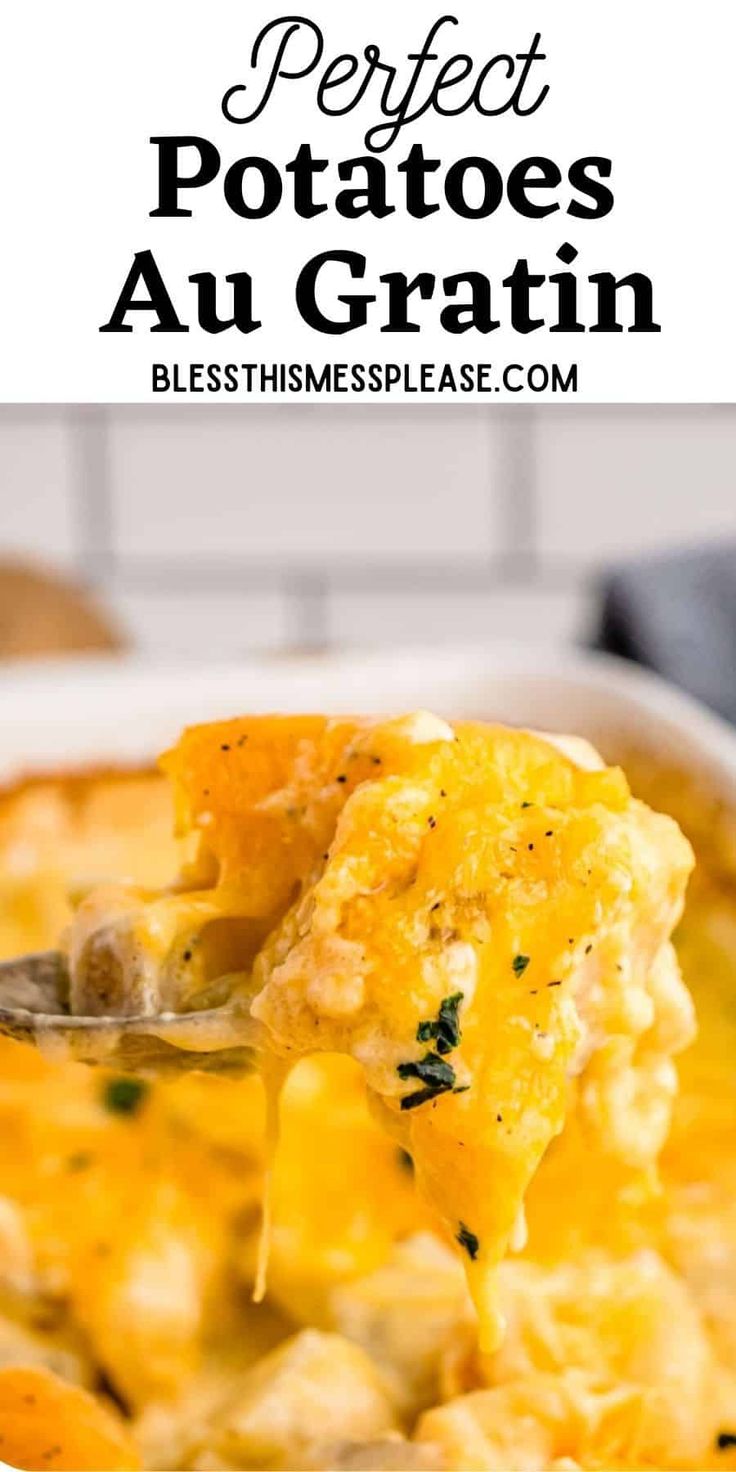 a spoon full of baked potato and cheese casserole with the title above it