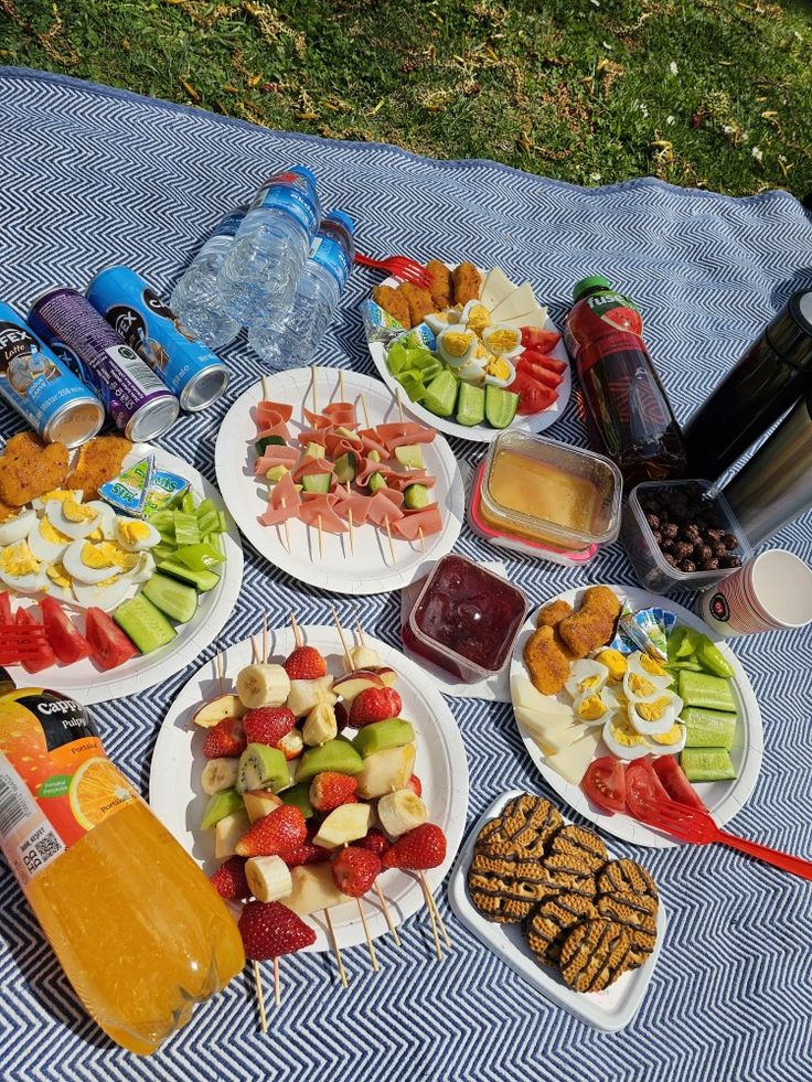 an assortment of food is laid out on a picnic blanket with water bottles and snacks