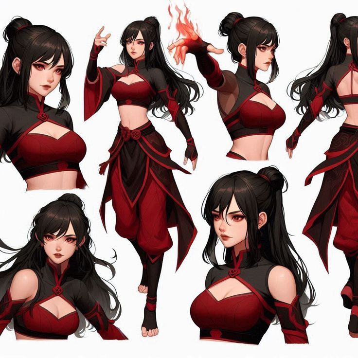 Element Bending Poses, Female Firebender, Female Earthbender, Avatar The Last Airbender Character Art, Kitara Avatar, Atla Firebender Oc, Fire Hero Costume Design, Avatar The Last Airbender Oc Outfits, Avatar Fire Nation Clothes