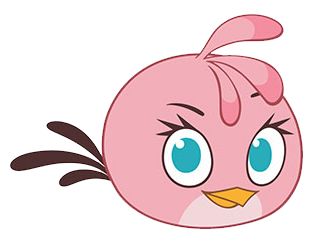 an angry pink bird with blue eyes