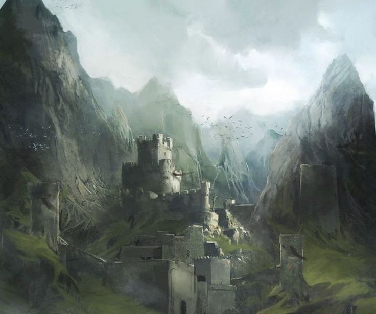 a painting of a castle in the mountains