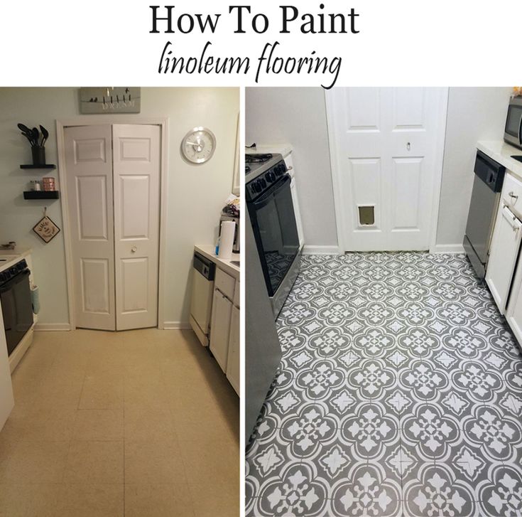 the before and after photos show how to paint linoleum flooring in this kitchen