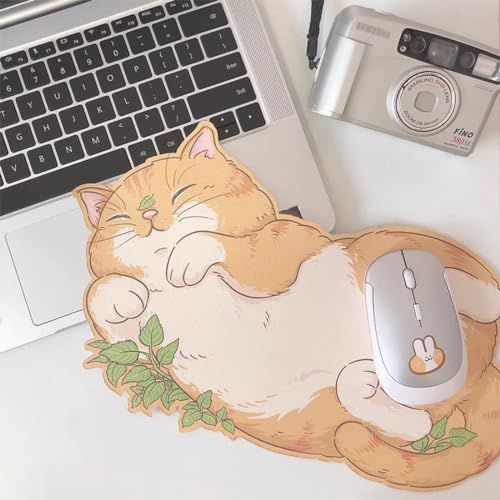 an orange and white cat sleeping on top of a mouse pad next to a laptop