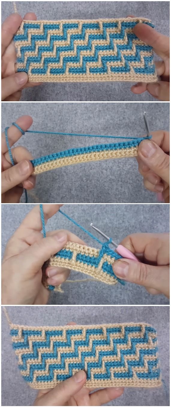 three pictures showing how to crochet the same stitch on each piece of yarn